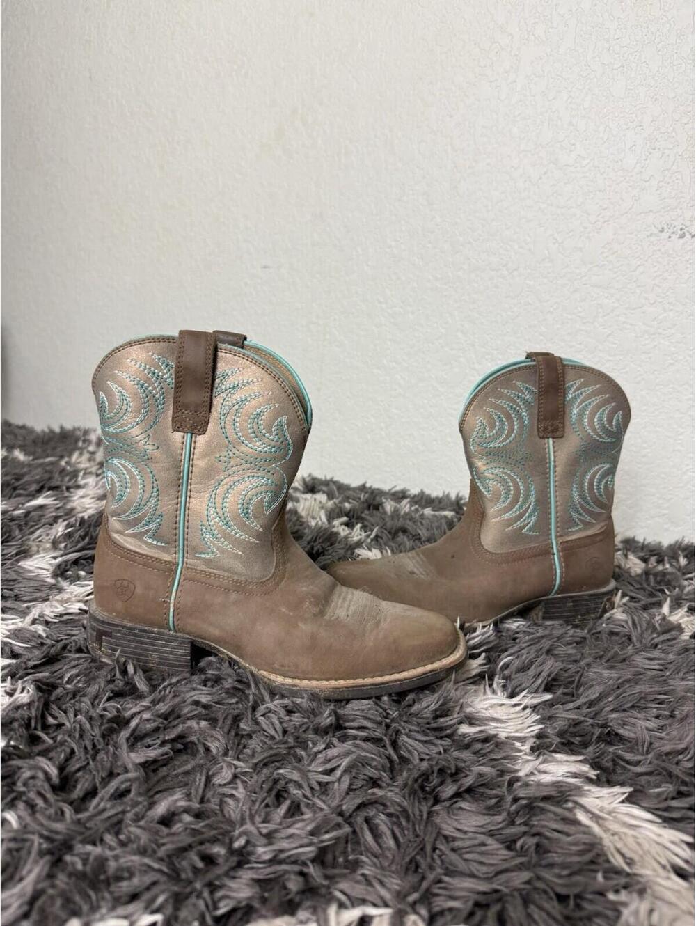 Ariat Kids Fatbaby Western Cowboy Boots Size 2 Y Brown Turquoise Leather